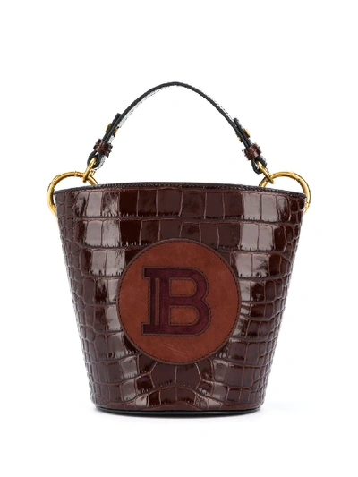 Shop Balmain Logo-patch Saddler Bucket Bag In Brown