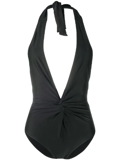 Shop Ganni Gathered-detail One-piece Swimsuit In Black