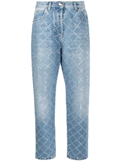 Shop Balmain Diamanté Check Jeans In Blue