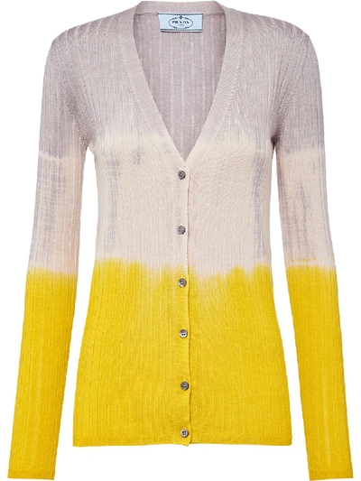 Shop Prada Colour-block Ribbed Cardigan In Yellow