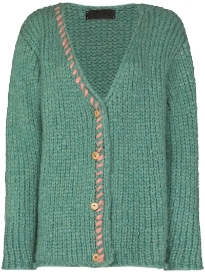 Shop The Elder Statesman Fuzz Chunky-knit Cardigan In Green