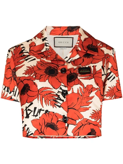 Shop Gucci Floral-print Cropped Bowling Shirt In Orange