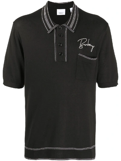 Shop Burberry Embroidered Logo Polo Shirt In Black