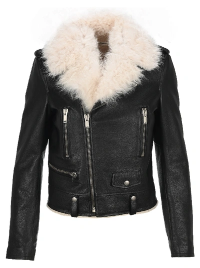 Shop Saint Laurent Shearling Collar Biker Jacket In Black/ecru