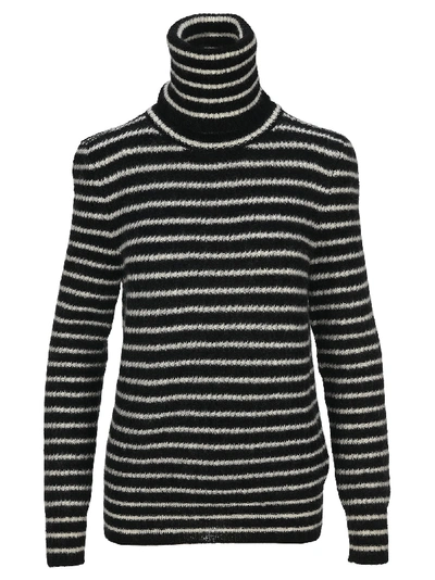 Shop Saint Laurent High Neck Striped Sweater In Black White
