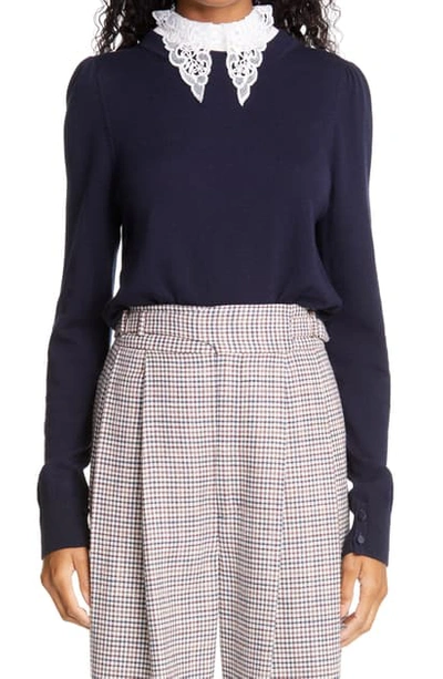 Shop Adam Lippes Puff Sleeve Wool Sweater With Removable Lace Collar In Navy