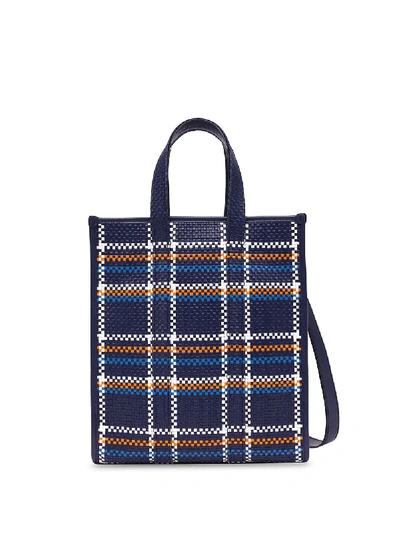 Shop Burberry Woven Leather Check Tote Bag In Blue