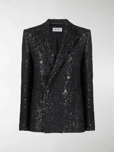 Shop Saint Laurent Double-breasted Glitter Blazer In Black