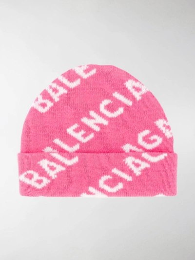 Shop Balenciaga All Over Logo Beanie In Pink