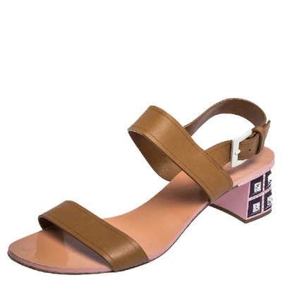 Pre-owned Miu Miu Brown Leather Crystal Embellished Block Heel Ankle Strap Sandals Size 40 In Beige