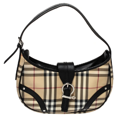 Pre-owned Burberry Beige/black House Check Pvc And Leather Hobo