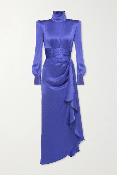 Shop Alessandra Rich Draped Silk-satin Turtleneck Gown In Blue
