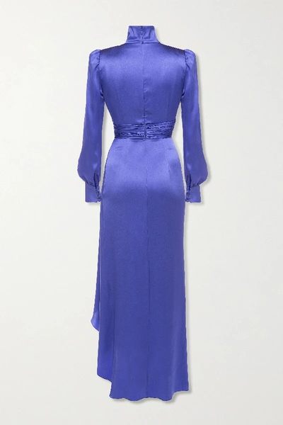 Shop Alessandra Rich Draped Silk-satin Turtleneck Gown In Blue