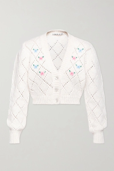 Shop Alessandra Rich Cropped Embroidered Pointelle-knit Alpaca-blend Cardigan In White