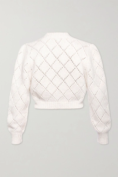 Shop Alessandra Rich Cropped Embroidered Pointelle-knit Alpaca-blend Cardigan In White