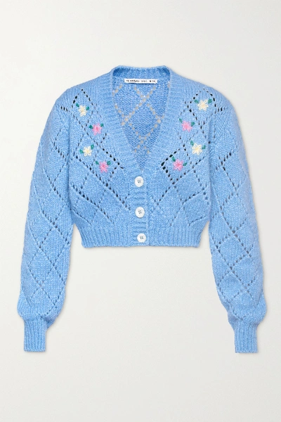 Shop Alessandra Rich Cropped Embroidered Pointelle-knit Alpaca-blend Cardigan In Light Blue