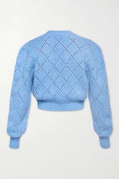 Shop Alessandra Rich Cropped Embroidered Pointelle-knit Alpaca-blend Cardigan In Light Blue