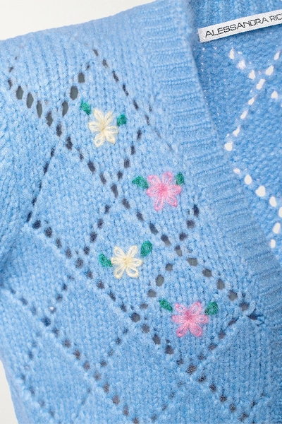 Shop Alessandra Rich Cropped Embroidered Pointelle-knit Alpaca-blend Cardigan In Light Blue