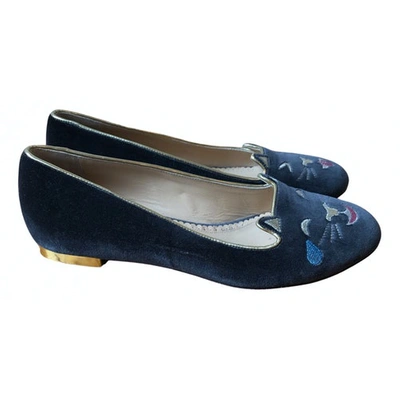 Pre-owned Charlotte Olympia Kitty Grey Velvet Ballet Flats