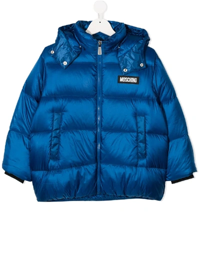 Shop Moschino Logo Patch Puffer Jacket In Blue