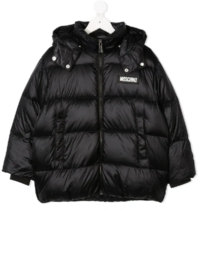 Shop Moschino Hooded Logo Patch Puffer Jacket In Black