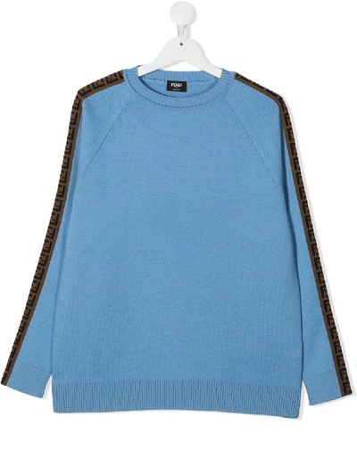 Shop Fendi Teen Ff Panel Wool Knit Jumper In Blue