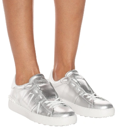 Shop Valentino Open Leather Sneakers In Silver