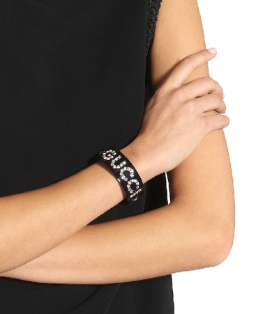 Shop Gucci Logo Crystal Bracelet In Black