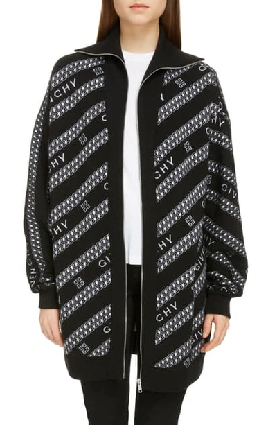 Shop Givenchy Intarsia Logo & Chain Link Wool Cardigan In Black White