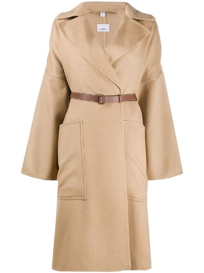 Shop Burberry Belted Midi Coat In Brown
