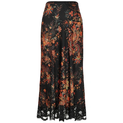 Shop Paco Rabanne Floral-print Lace-trimmed Satin Midi Skirt In Black