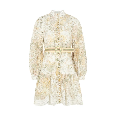 Shop Zimmermann Amelie Printed Eyelet-embroidered Linen Dress In Ivory