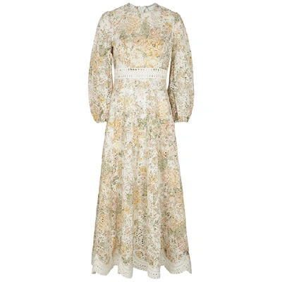 Shop Zimmermann Amelie Printed Eyelet-embroidered Linen Maxi Dress In Ivory