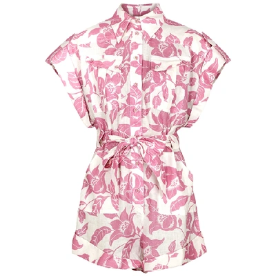 Shop Zimmermann Bells White Floral-print Linen Playsuit In Pink