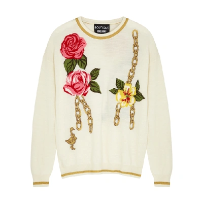 Shop Boutique Moschino Floral-intarsia Wool-blend Jumper In White