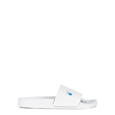 Shop Off-white White Logo Faux Leather Sliders In White And Blue
