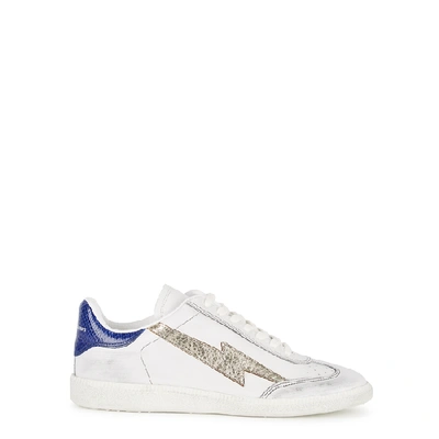 Shop Isabel Marant Bryce White Distressed Leather Sneakers In White And Blue