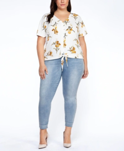 Shop Black Tape Plus Size Floral-print Tie-hem Top In Mustard Floral