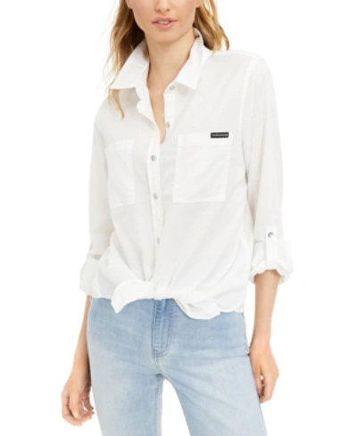 Shop Calvin Klein Jeans Est.1978 Button-front Roll-tab-sleeve Top In White