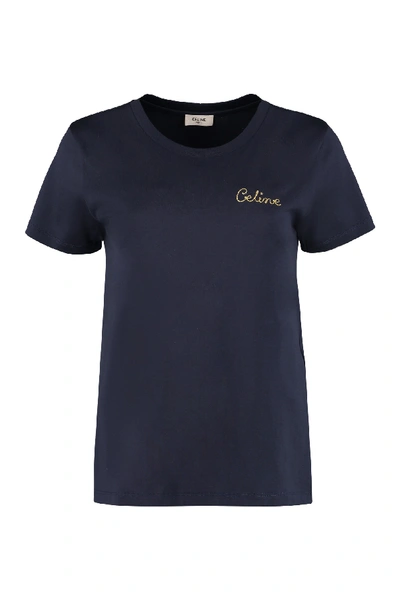 Shop Celine Crew-neck Cotton T-shirt In Blue