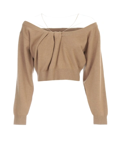 Shop Alexander Wang Cropped Drape Neck Pullover W/illusion Tulle In Neutral