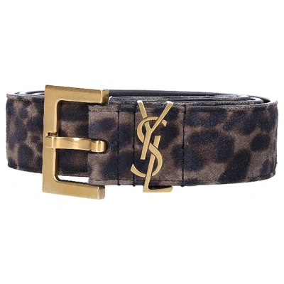 Shop Saint Laurent Women Belt Monogram Suede Leoprint Brown