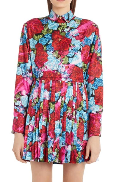 Shop Versace Pleated Floral Print Long Sleeve Mini Shirtdress In Red-baby Blue-fuxia
