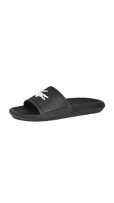 Shop Lacoste Croco Slides In Black/white