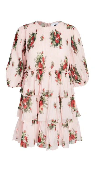 Shop Ganni Pleated Georgette Dress In Cherry Blossom