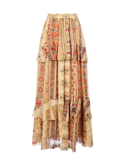 Shop Etro Breton Ruffled Print Silk Skirt In Beige