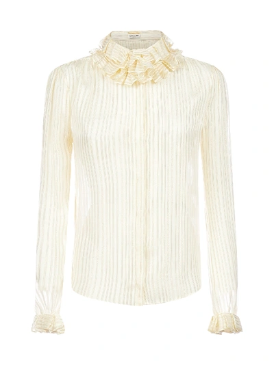 Shop Saint Laurent Ruffled Striped Silk Shirt In Ivoire Or