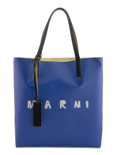 Shop Marni Two-tone Shopping Bag With Front Logo In Royal/cream
