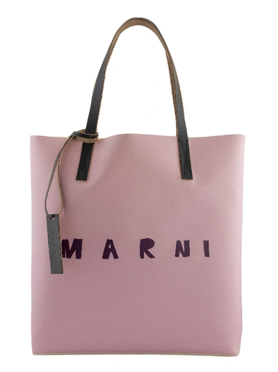 Shop Marni Two-tone Shopping Bag With Front Logo In Cream/pink