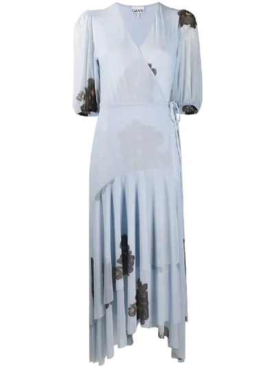 Shop Ganni Floral-print Mesh Wrap Dress In Blue